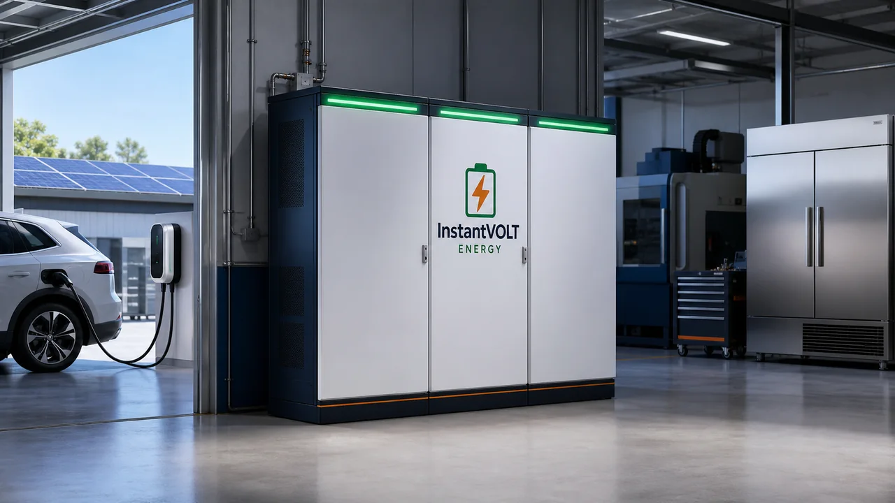 InstantVOLT Business Batteriespeicher unterstützt Werkstatt, Ladepunkt, Kühlung und Photovoltaikanlage.