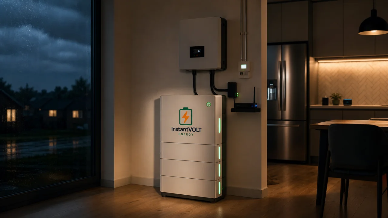 InstantVOLT Emergency Batteriespeicher versorgt Kühlschrank, Router, Heizung und Licht bei Netzausfall.