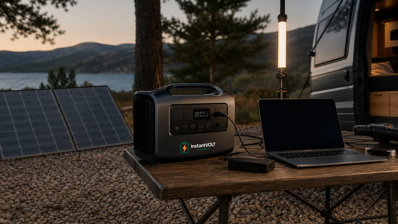 InstantVOLT Go LFP-Powerstation versorgt Laptop und Arbeitslicht beim mobilen Einsatz mit Solarstrom.