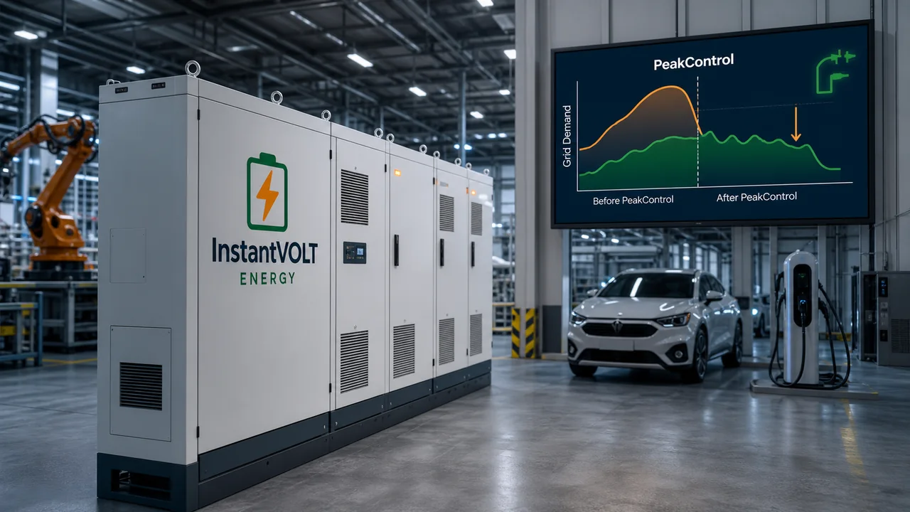 InstantVOLT PeakControl Batteriespeicher reduziert Lastspitzen in Produktion und Ladeinfrastruktur.
