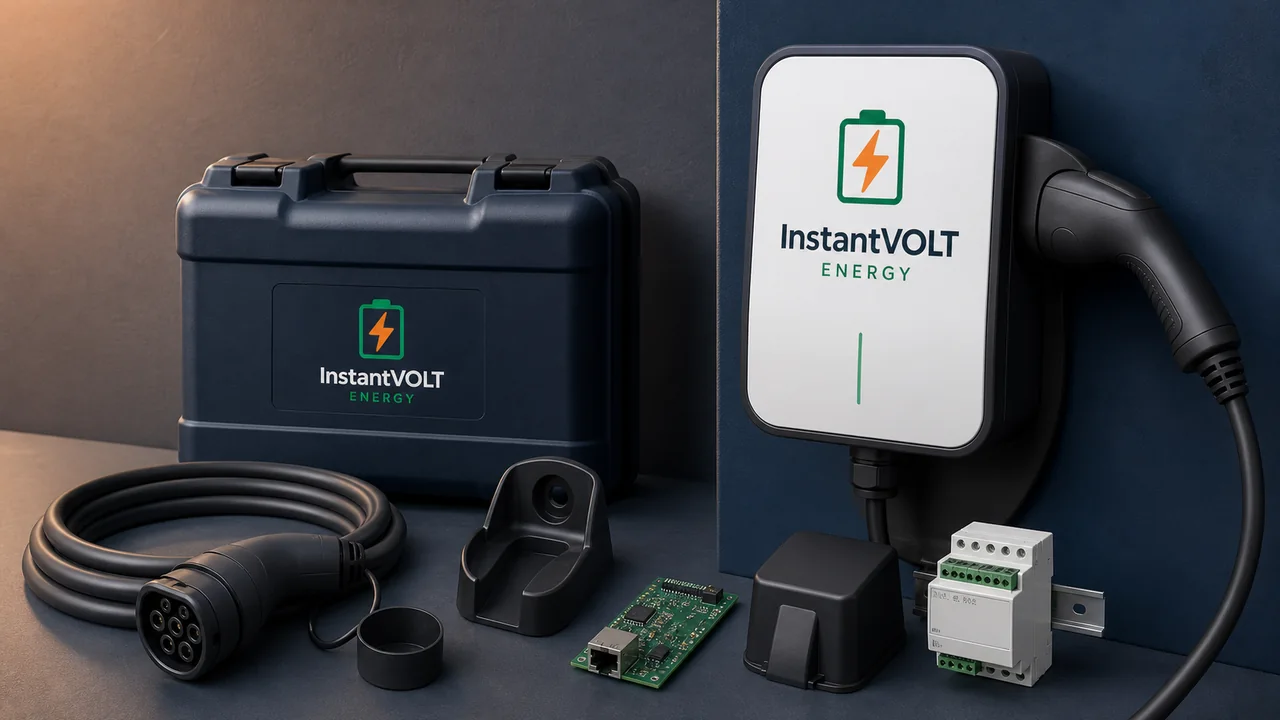 InstantVOLT Wallbox mit Ersatz-Ladekabel, Kabelhalter, Kommunikationsplatine, Abdeckung und Lastmanagementmodul.