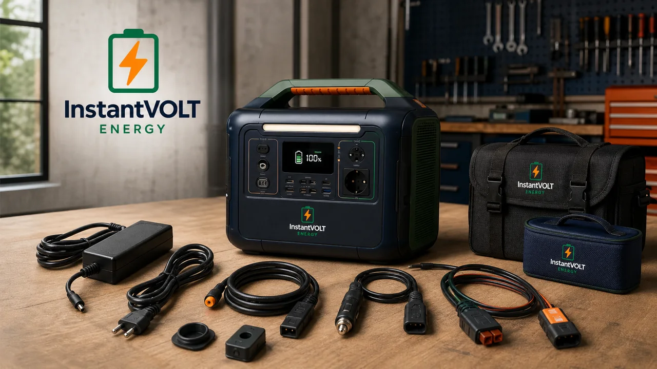 InstantVOLT Powerstation mit Ersatzladegerät, Solar- und Autoladekabeln, Adaptern und Transportzubehör.