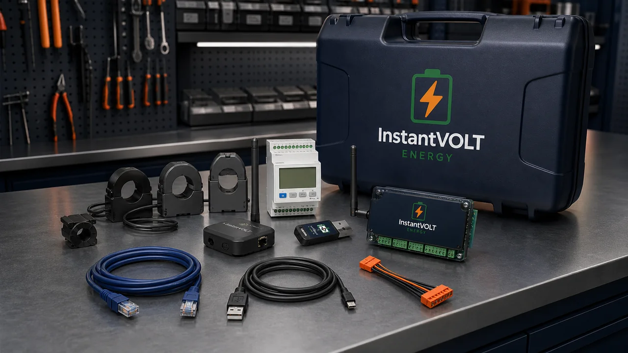 InstantVOLT WLAN-Dongle, LAN-Adapter, Datenlogger, Smart Meter, Stromsensoren, Gateway und Kommunikationskabel.