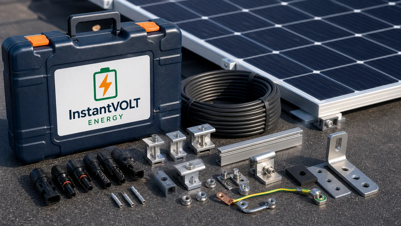 InstantVOLT PV-Stecker, Kabel, Endklemmen, Mittelklemmen, Dachhaken und Erdungsteile neben einem Solarmodul.