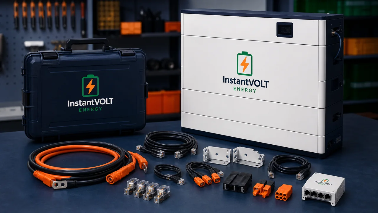InstantVOLT Batteriespeicher mit Ersatzkabeln, Kommunikationsleitungen, Sicherungen, Haltern und Verbindungsmodulen.