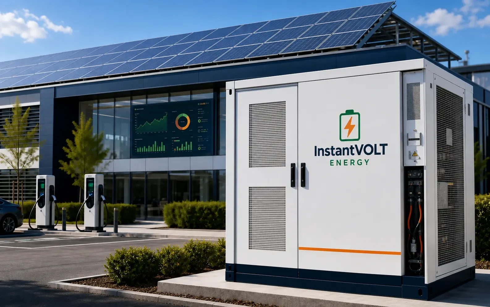 InstantVOLT Energy Speicherlösung an Gewerbestandort mit PV-Dach und Ladeinfrastruktur