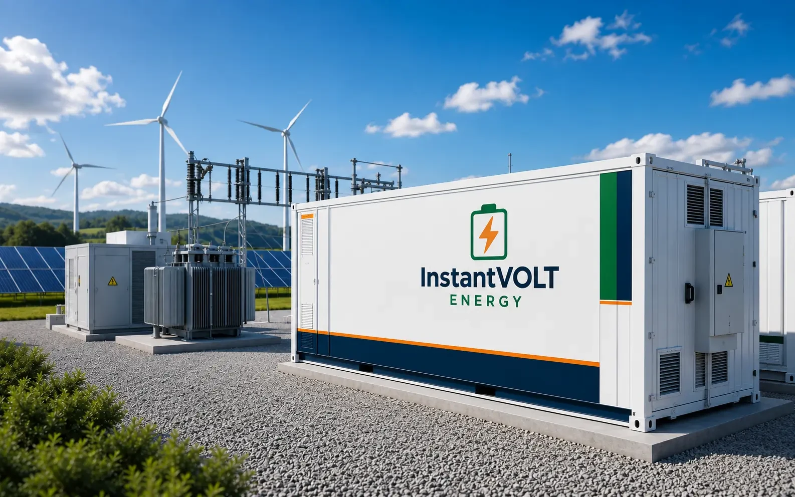 InstantVOLT Energy Batteriespeicherprojekt mit Netzanschluss, Solarpark und Windkraft