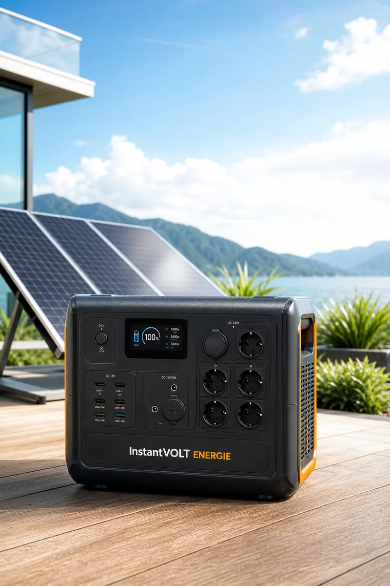 InstantVOLT Mobile Power Powerstation mit PV-Modulen im hellen Energieumfeld