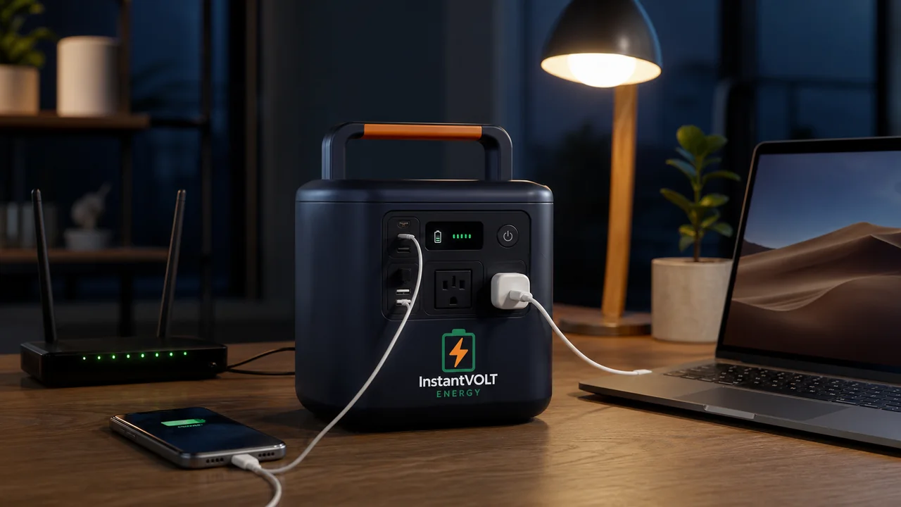 InstantVOLT Emergency Mini versorgt Router, Licht, Smartphone und Laptop bei Stromausfall