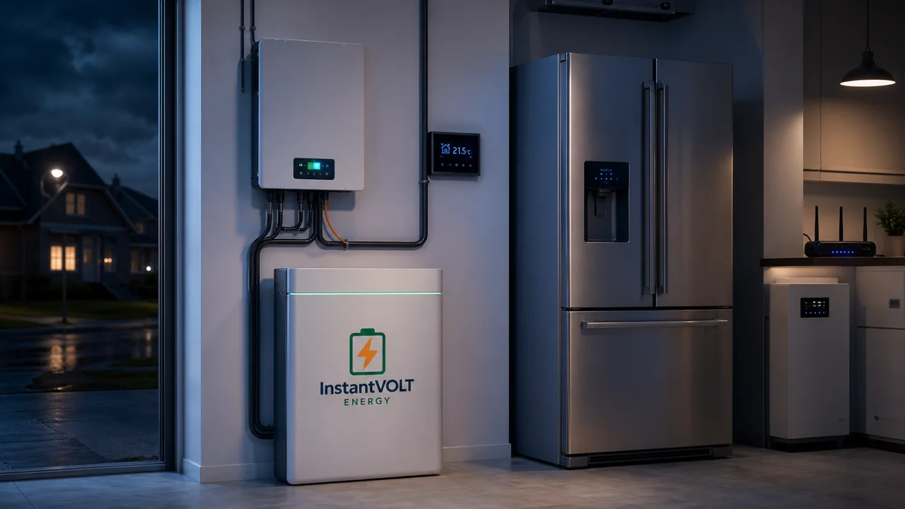 InstantVOLT Home Backup mit Batteriespeicher versorgt Kühlschrank, Heizung, Licht und Internet im Einfamilienhaus.
