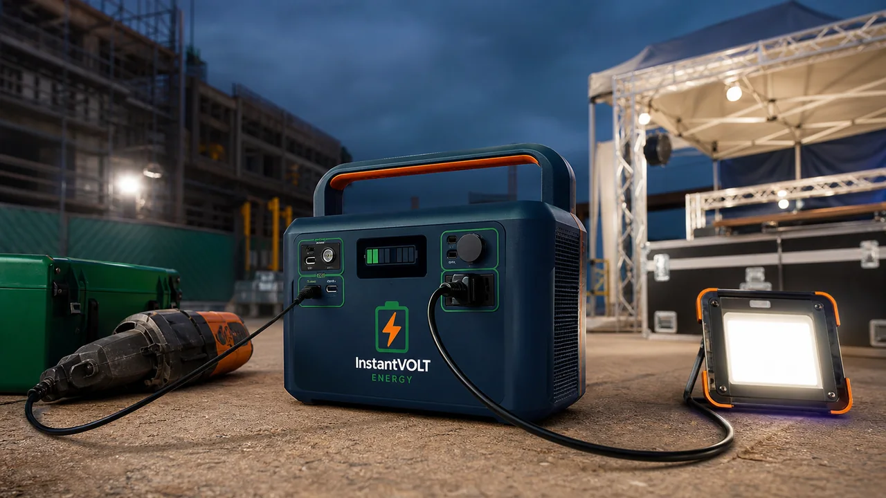 InstantVOLT Mobile Backup versorgt Werkzeug und Arbeitsleuchte auf einer Baustelle und bei mobilen Veranstaltungen.