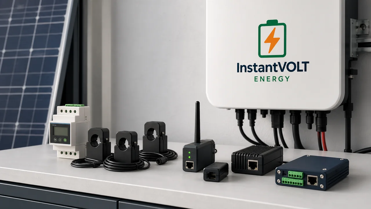 InstantVOLT Wechselrichter mit Smart Meter, Stromsensoren, WLAN-Dongle, LAN-Adapter und Datenlogger.
