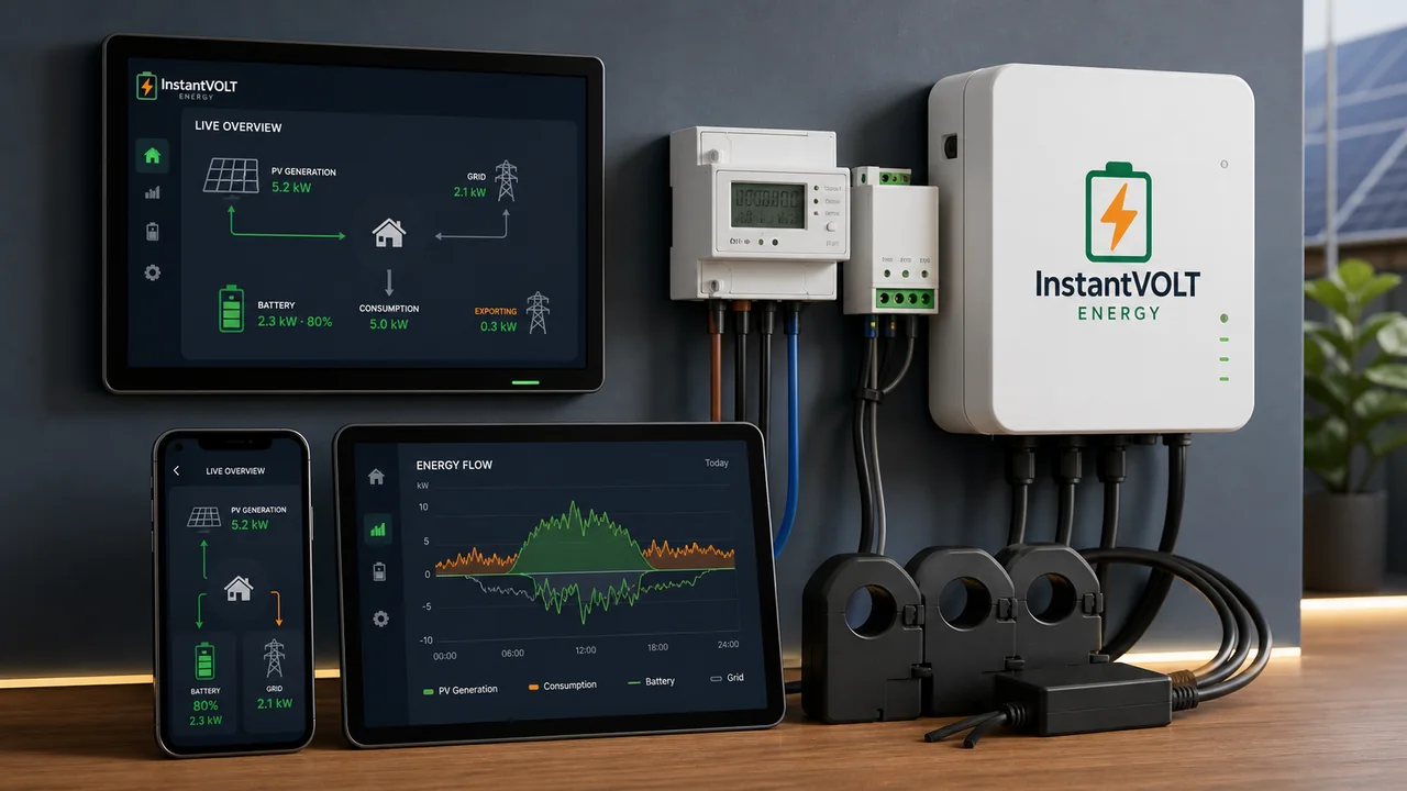 InstantVOLT Gateway, Smart Meter und Stromsensoren visualisieren PV-Erzeugung, Verbrauch und Speicherladung.