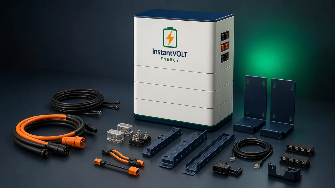 InstantVOLT Batteriespeicher mit Batterie- und Kommunikationskabeln, Sicherungen, Haltern und Rack-Zubehör.