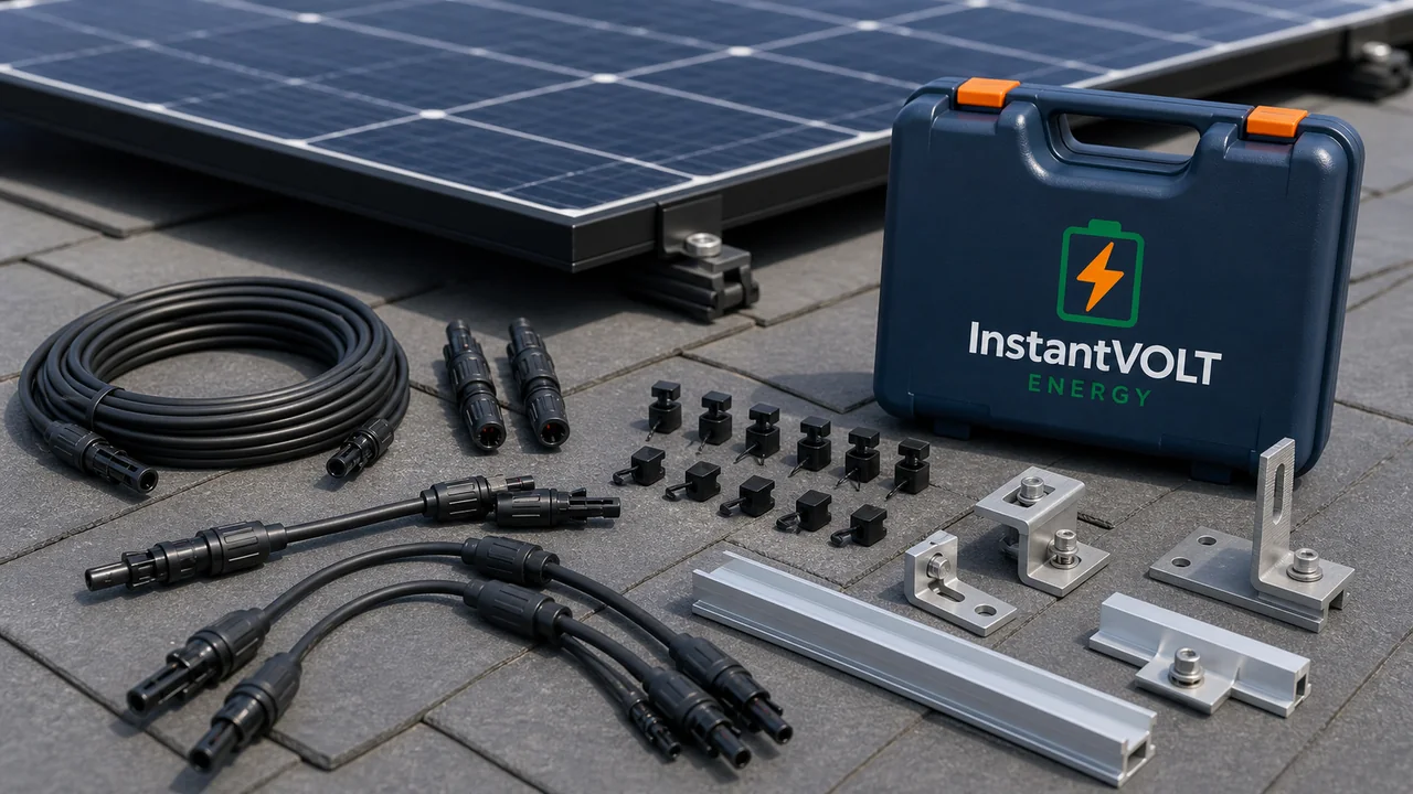 InstantVOLT PV-Kabel, Stecker, Montageschienen, Dachhaken und Modulhalter liegen neben Solarmodulen.