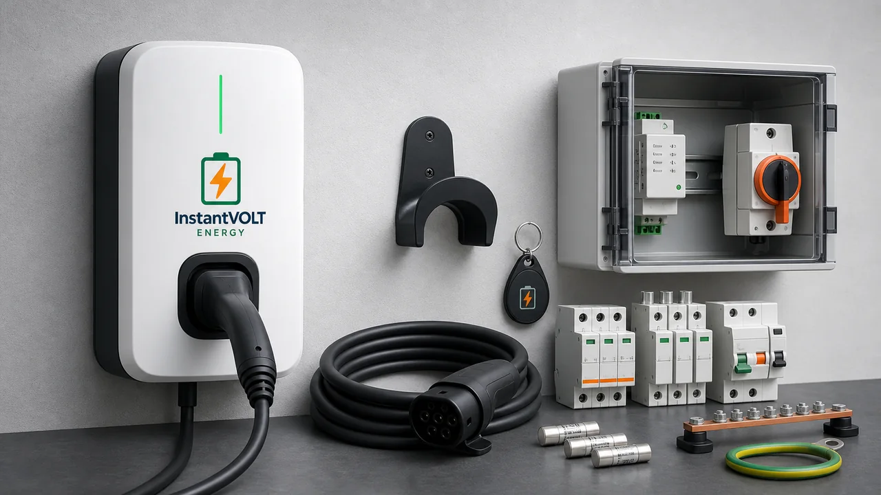 InstantVOLT Wallbox mit Typ-2-Ladekabel, Halter, RFID-Zubehör, Sicherungen, DC-Trennschalter und Überspannungsschutz.