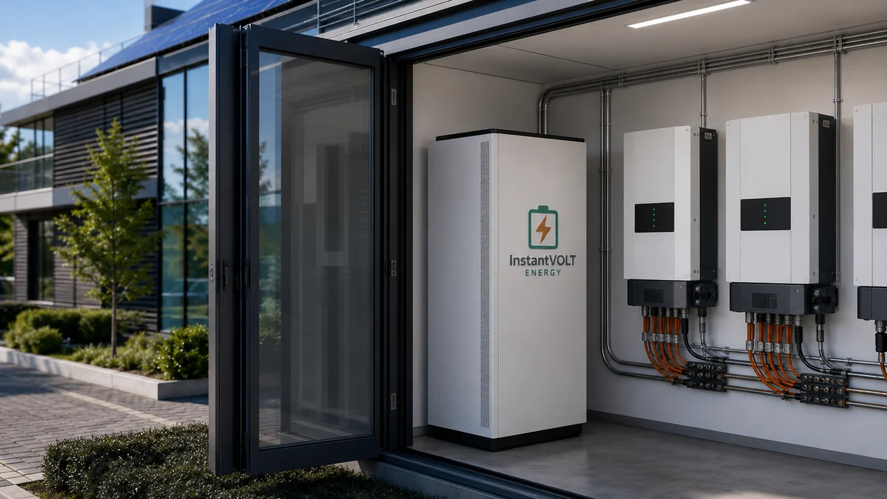 InstantVOLT 3-Phase Hybrid Wechselrichter mit Batterieschrank und mehreren dreiphasigen Wechselrichtern an einem Gewerbegebäude.