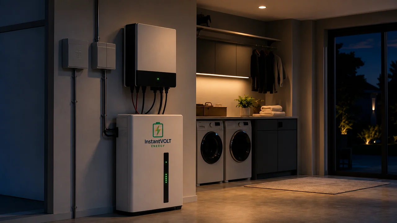 InstantVOLT Backup Inverter mit Batteriespeicher in einem Technikraum bei Abendlicht für Notstromversorgung im Haus.