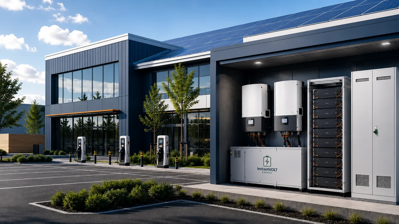 InstantVOLT Business Inverter mit Gewerbespeicher, Ladeinfrastruktur und Solardach an einem modernen Firmengebäude.