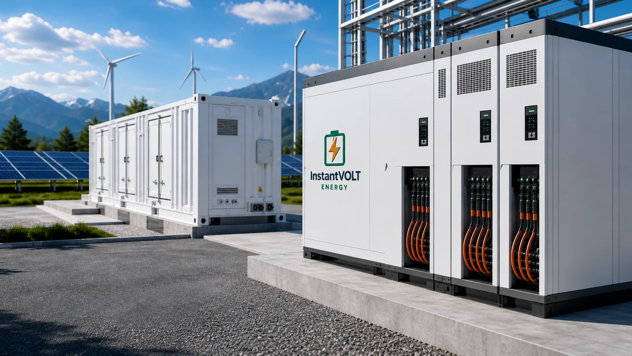 InstantVOLT High Voltage Parallel Power Wechselrichteranlage mit Großspeicher, Solarpark und Windkraftanlagen.