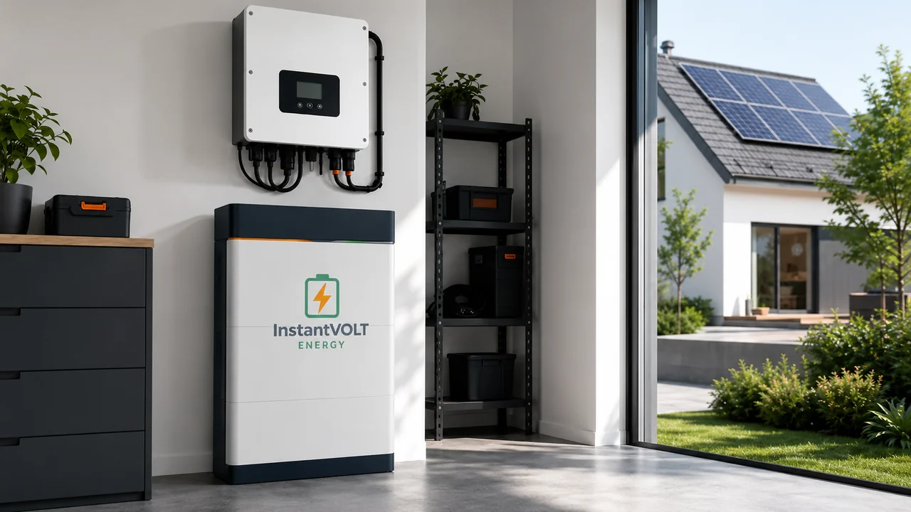 InstantVOLT Home Hybrid Wechselrichter mit Batteriespeicher in einem modernen Hauswirtschaftsraum mit Blick auf ein Haus mit Solaranlage.